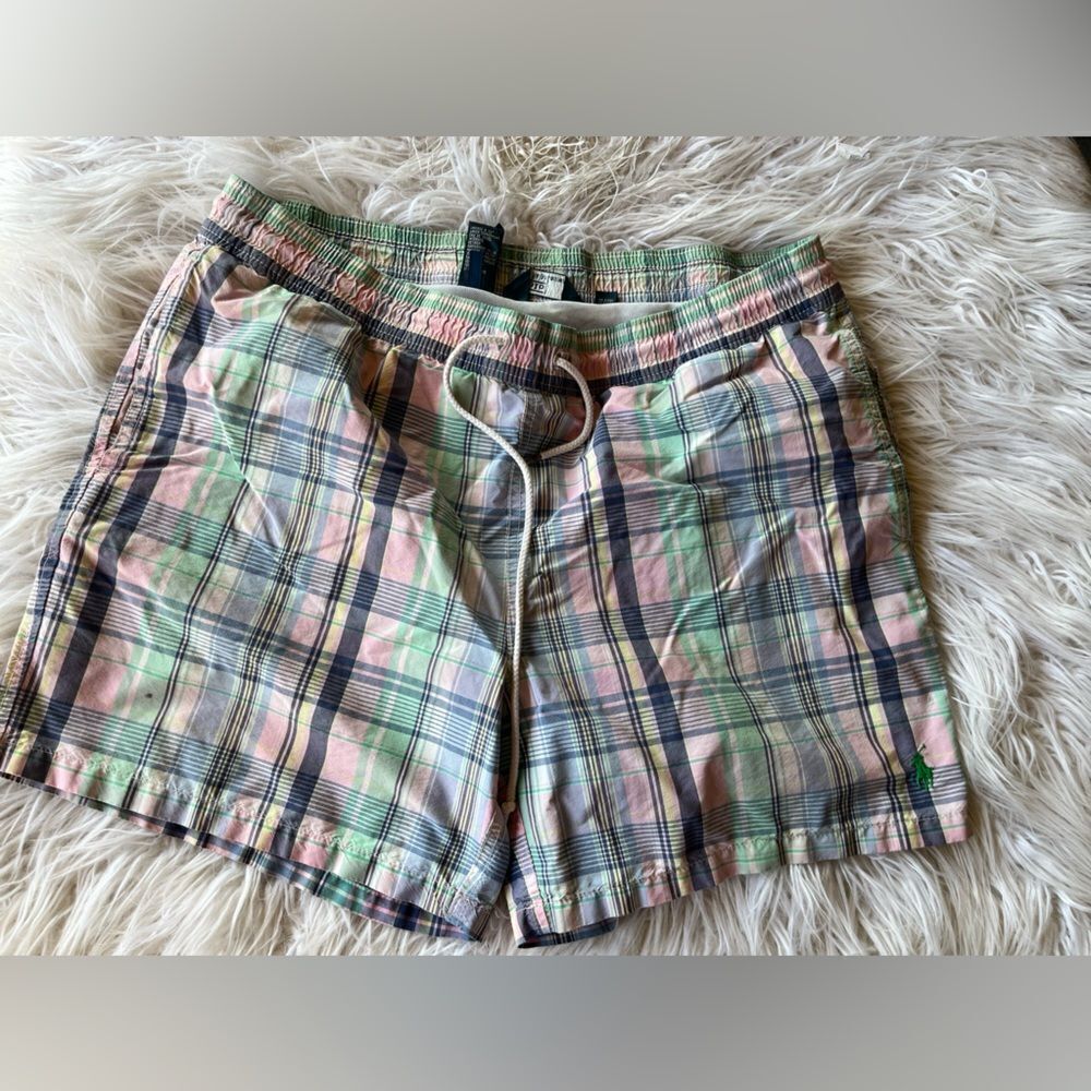 Polo by Ralph Lauren Pastel Plaid Swim Trunks — Pink, Green, Navy